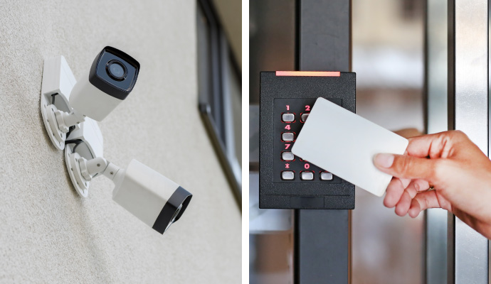 Collage of outdoor security cameras and keycard access control system