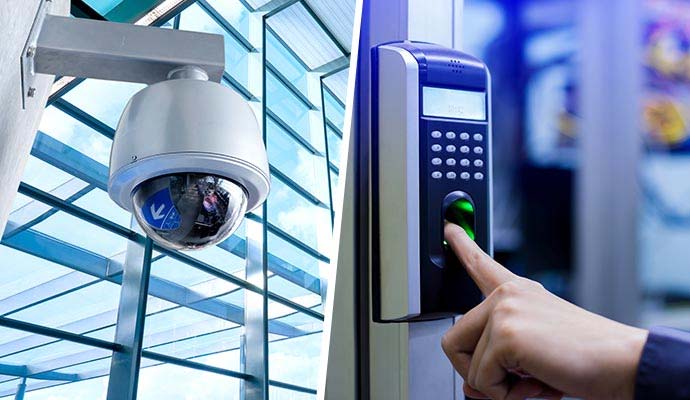 Collage of security camera and biometric access reader in a commercial building