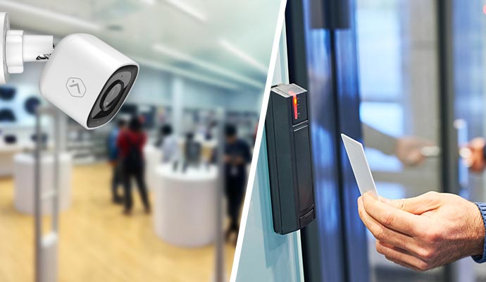 Collage of security camera in retail store and access control system