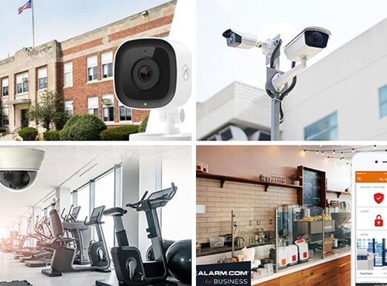 Collage of security camera in school, municipalities, gym and restaurant
