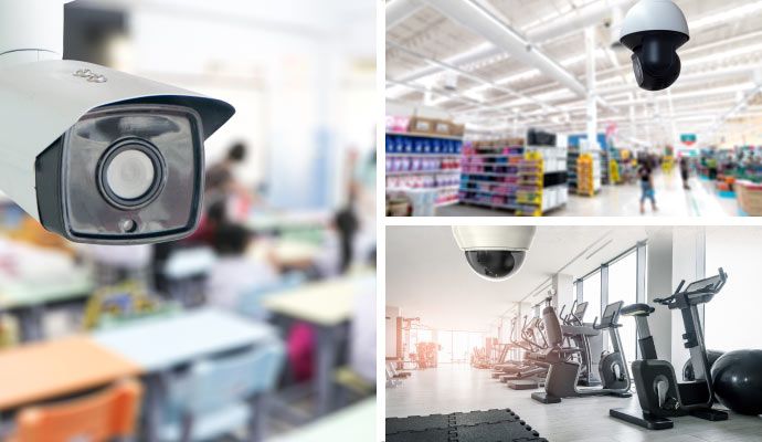 Collage of security camera installed in school, retail store, and gym