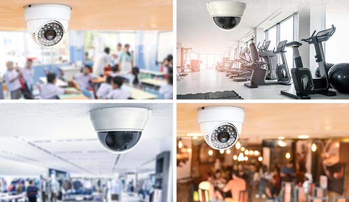 Collage of security camera installed, school, gym, restaurant and store