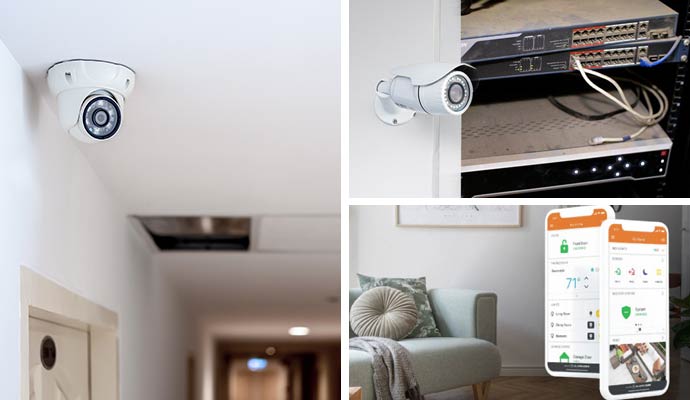 Collage of security camera, nvr camera systems, and interactive home security