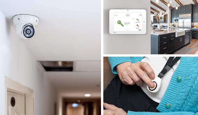 Collage of security camera, smart access and medical alert