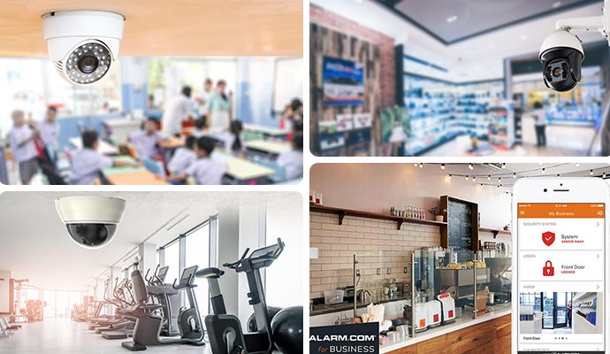 Collage of security cameras in classroom, retail store, gym and restaurant