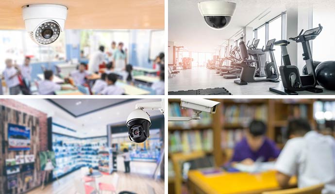 Collage of security cameras in school, retail store, fitness center, and library