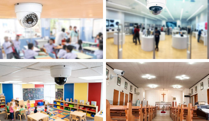 Collage of security cameras in schools, retail stores, daycare centers, and churches