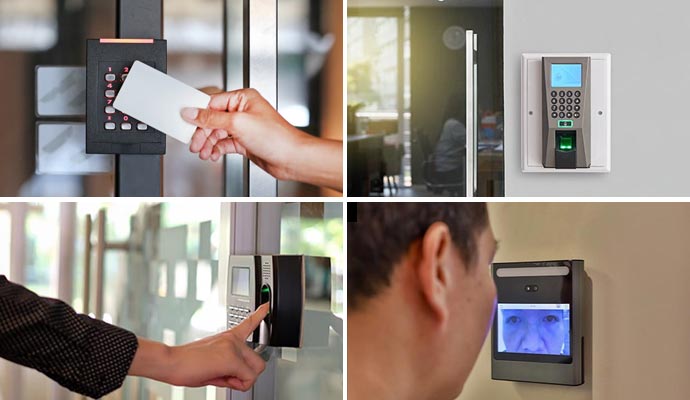 Collage of key card reader, continental access, biometric reader and retina scan access control