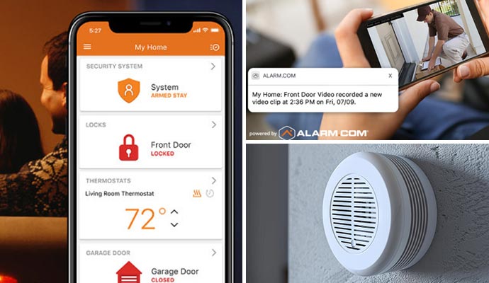 Collage of smart home app interface, notification and video doorbells Collage of smart home app interface, notification and video doorbells