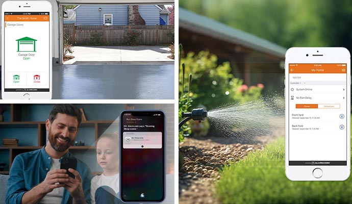 Collage of smart home automation app and garage sprinkler control
