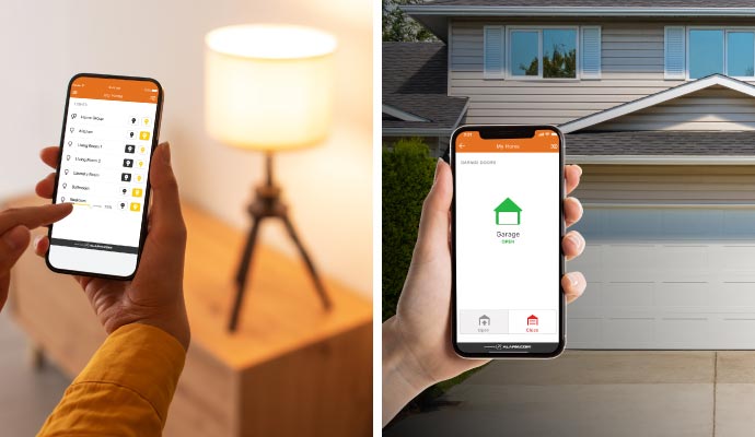 Collage of smart lighting and garage door openers