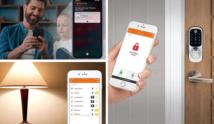 Collage of voice control, smart lighting, and smart locks