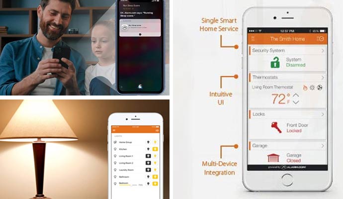Collage of voice control smart lighting and smart scheduling