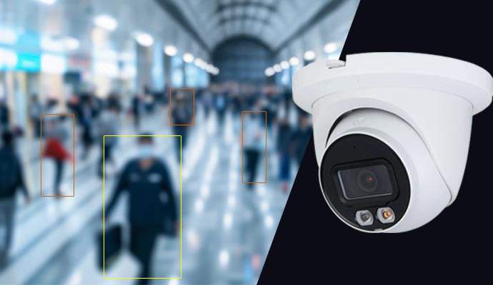 A security camera monitoring a crowded commercial space