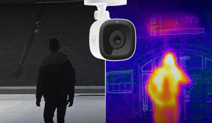 A split-screen view showing a traditional security camera and the thermal image of a human figure in the dark