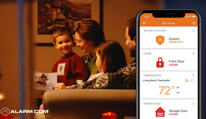Family with Alarm.com home security app