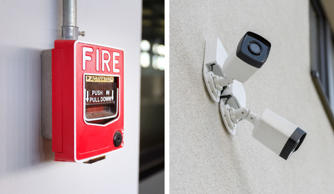 Fire alarm pull station and security cameras collage