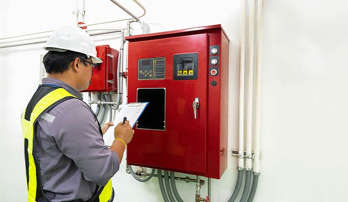 Expert inspecting fire alarm control panel