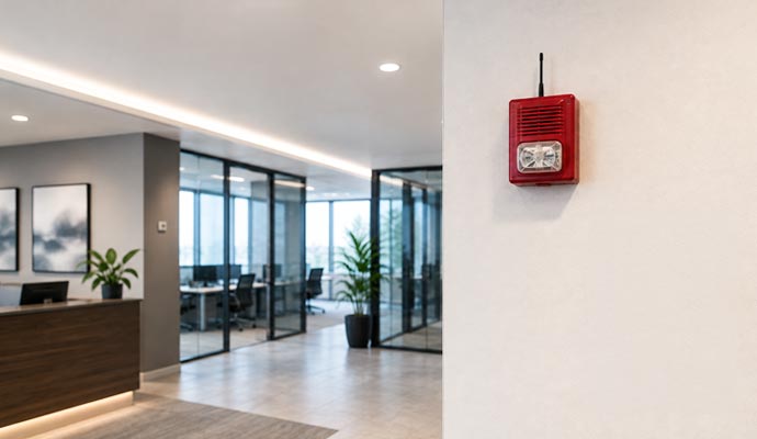 Red wireless fire alarm strobe mounted in a modern office