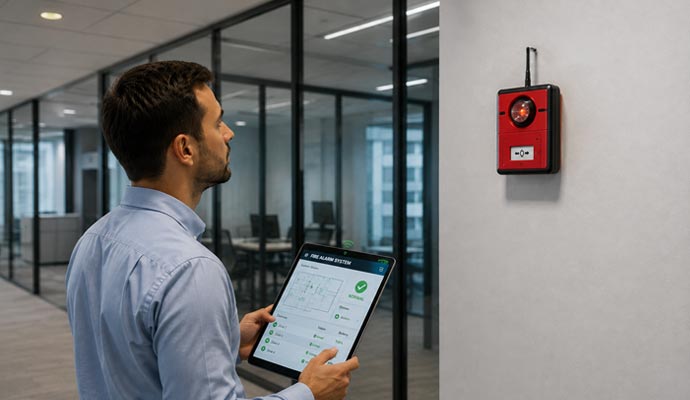 Technician checking a fire alarm system on a tablet