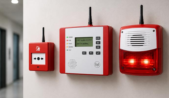Wireless fire alarm call point, control panel, and strobe on a wall