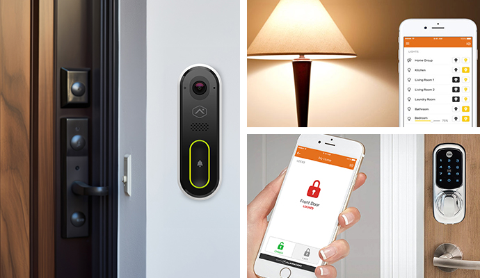 Collage of smart doorbell, smart lighting and smart lock