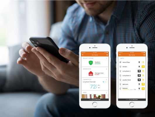 Person using smart home app on smartphone.