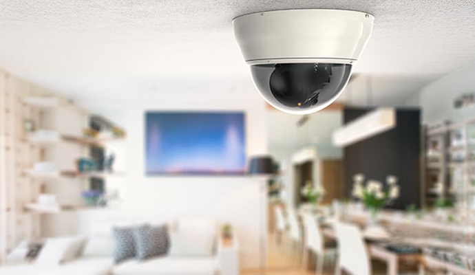 Ceiling-mounted indoor dome security camera overlooking a living room