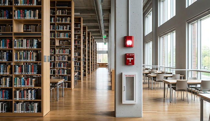 Library interior with fire alarm and extinguisher