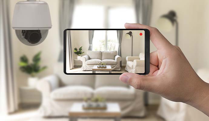 Living room CCTV camera with live feed on mobile