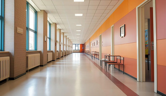 Modern school corridor with orange walls