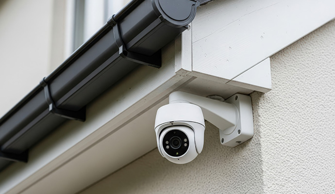 Outdoor dome security camera mounted under roof eaves on exterior wall