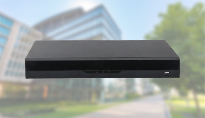 A security system NVR with multiple ports and connections