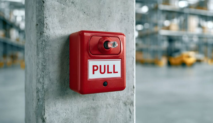 Red pull station on warehouse concrete pillar