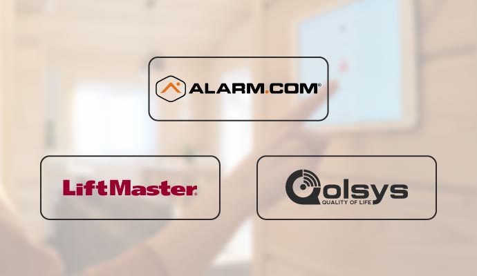 Logos of Alarm.com, LiftMaster, and Qolsys for home security and automation.