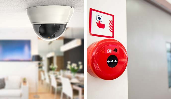 Collage of CCTV camera and fire alarm button