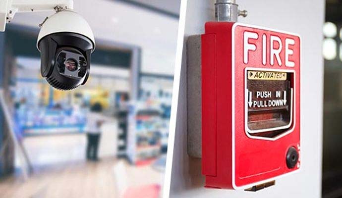 Collage of security camera and fire alarm