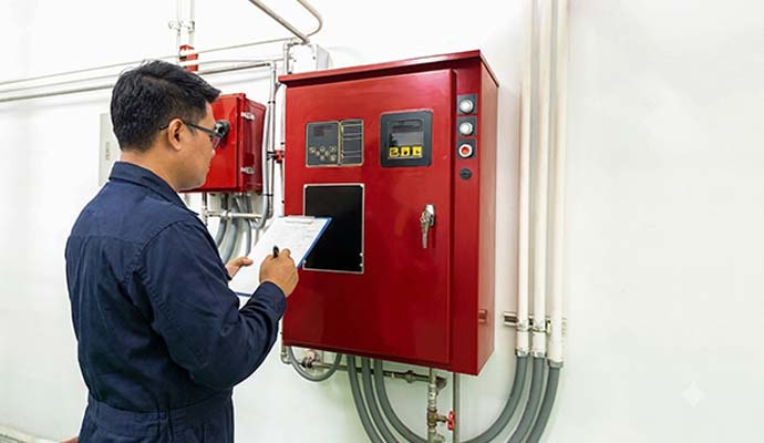 An expert inspecting a fire safety system