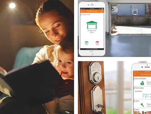 Collage of smart lock, smart lighting and garage-door-openers