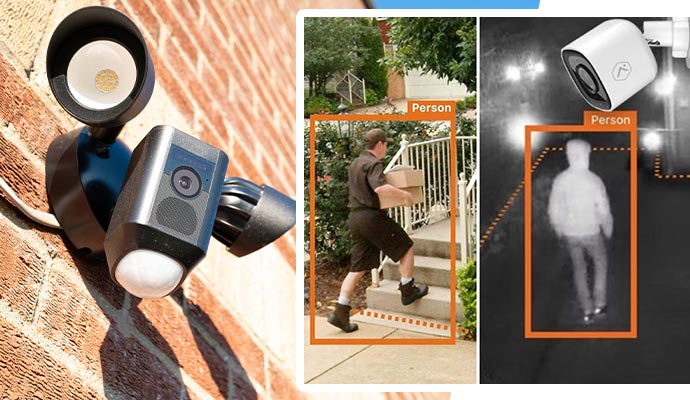 A collage image showing a smart floodlight security camera on a wall, alongside examples of its person detection in daylight and at night