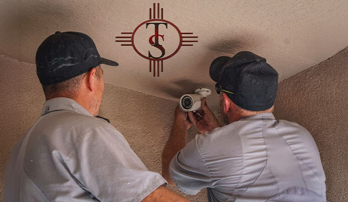 Technicians installing a security camera system
