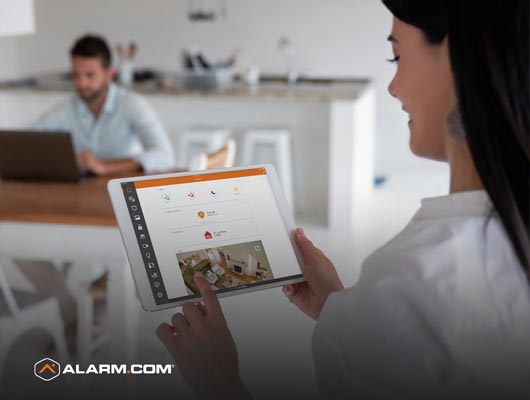 Person using smart home security app on her device